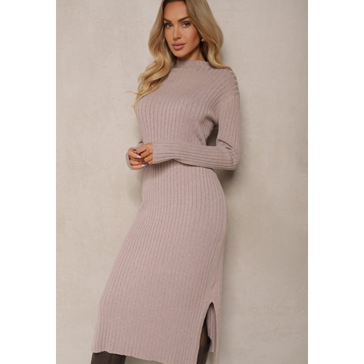 Ciemnobeżowa Dzianinowa Sukienka z Wiskozą Zdobiona Rozcięciami u Dołu i Renee ONE SIZE wyprzedaż renee.pl