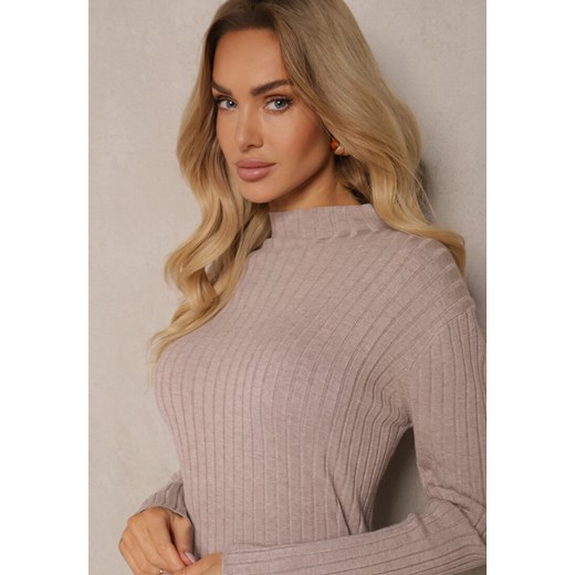 Ciemnobeżowa Dzianinowa Sukienka z Wiskozą Zdobiona Rozcięciami u Dołu i Renee ONE SIZE okazyjna cena renee.pl