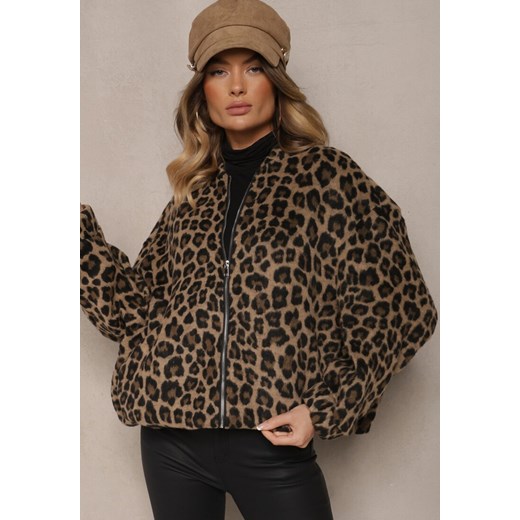 Brązowa Bluza z Lnem Oversize w Panterkę Tinnestira ze sklepu renee.pl w kategorii Bluzy damskie - zdjęcie 179935784
