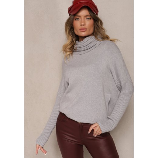 Jasnoszary Golf z Kieszeniami z Dzianiny z Wiskozą Lannorella ze sklepu renee.pl w kategorii Swetry damskie - zdjęcie 179936234