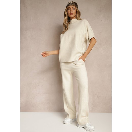 Jasnobeżowy Komplet Oversize z Dzianiny z Wiskozą T-shirt i Spodnie o Szerokim Kroju Linneathra ze sklepu renee.pl w kategorii Komplety i garnitury damskie - zdjęcie 179936244