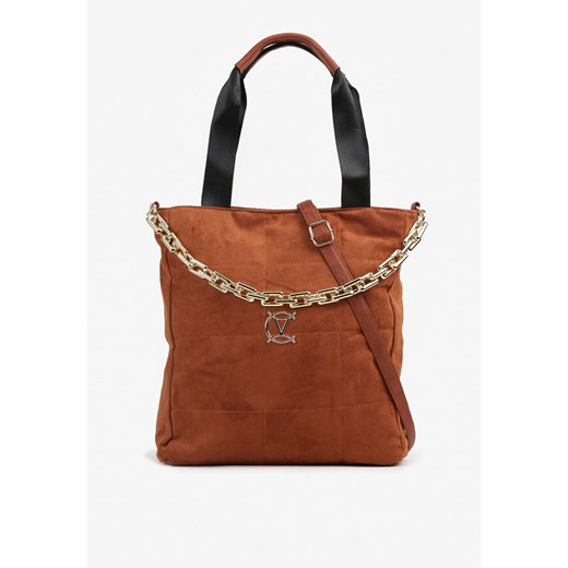 Brązowa Torebka Shopper z Ekozamszu Zdobiona Eleganckim Łańcuszkiem Leathraen ze sklepu renee.pl w kategorii Torby Shopper bag - zdjęcie 179936251