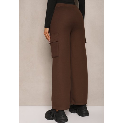 Brązowe Szerokie Spodnie Dresowe Cargo High Waist w Stylu Cargo z Ociepleniem Renee M promocyjna cena renee.pl