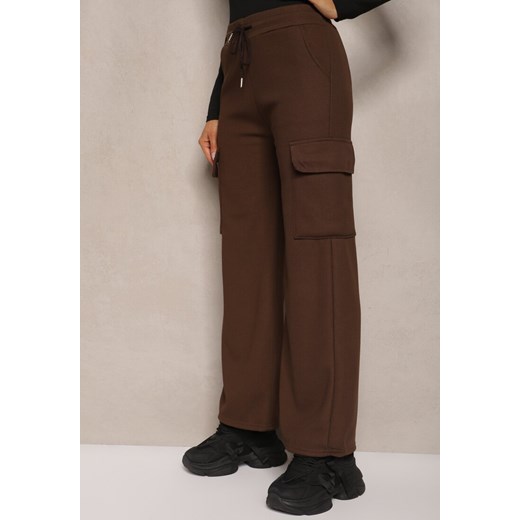 Brązowe Szerokie Spodnie Dresowe Cargo High Waist w Stylu Cargo z Ociepleniem Renee M okazyjna cena renee.pl