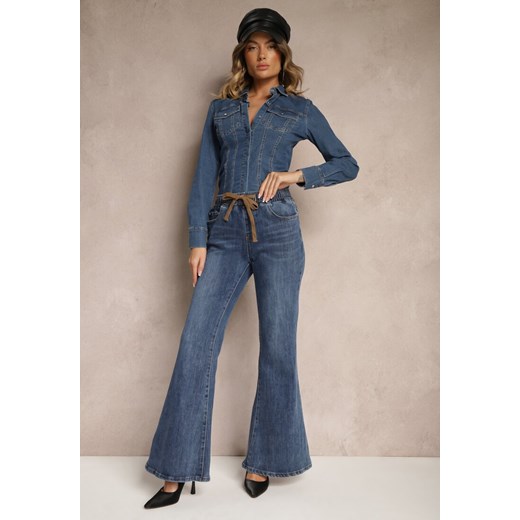 Niebieskie Bawełniane Jeansy Dzwony High Waist Ozdobione Sznurkiem Sovirra ze sklepu renee.pl w kategorii Jeansy damskie - zdjęcie 179937833