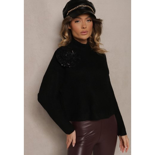 Czarny Golf z Wełną o Kroju Oversize z Kwiatem 3D i Cekinami Zolimi ze sklepu renee.pl w kategorii Swetry damskie - zdjęcie 179937963