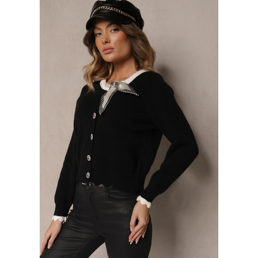 Czarny Retro Kardigan z Wiskozą Ozdobiony Wiązaną Apaszką i Eleganckimi Guzikami Evelimi ze sklepu renee.pl w kategorii Swetry damskie - zdjęcie 179938234