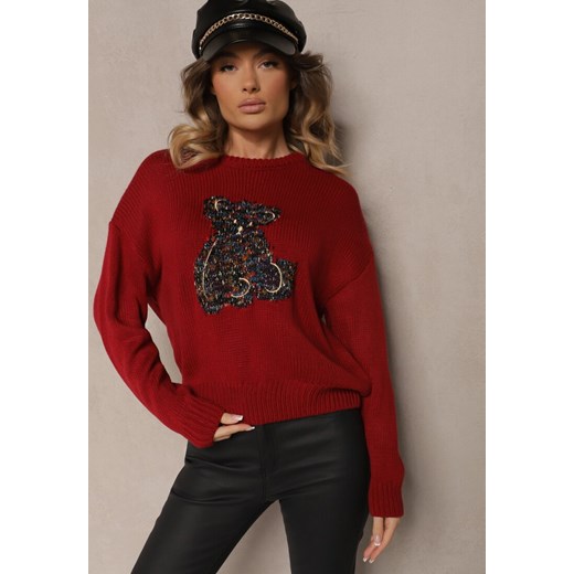 Bordowy Wiskozowy Sweter z Cekinami i Motywem Misia Nyrimi ze sklepu renee.pl w kategorii Swetry damskie - zdjęcie 179938264