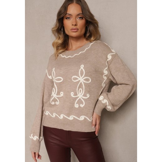 Beżowy Sweter z Wiskozą i Geometrycznym Wzorem Senallin ze sklepu renee.pl w kategorii Swetry damskie - zdjęcie 179938550