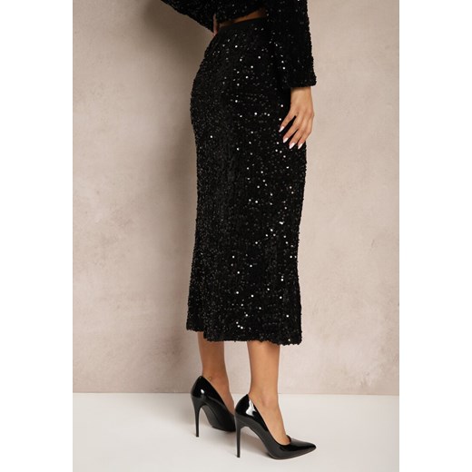 Czarna Spódnica z Weluru Zdobionego Cekinami z Gumką w Pasie Seniraeth Renee S okazja renee.pl