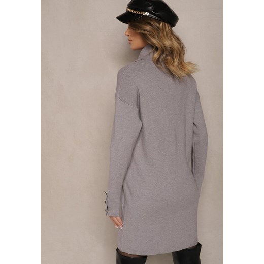 Szara Sukienka Półgolf z Wełną Bawełną i Guzikami na Rękawach Ilanil Renee M wyprzedaż renee.pl
