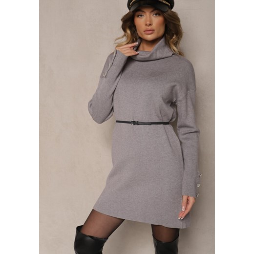 Szara Sukienka Półgolf z Wełną Bawełną i Guzikami na Rękawach Ilanil Renee S promocja renee.pl