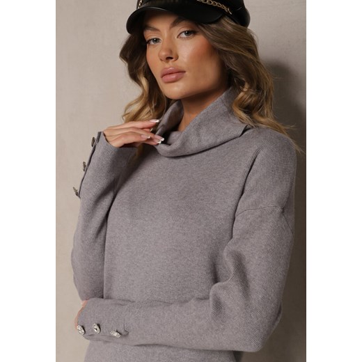 Szara Sukienka Półgolf z Wełną Bawełną i Guzikami na Rękawach Ilanil Renee M promocyjna cena renee.pl