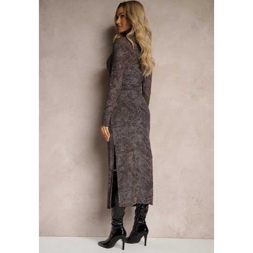 Brązowo-Szara Dopasowana Sukienka z Siateczki z Wiskozą Zdobiona Rozcięciami z Renee S promocyjna cena renee.pl