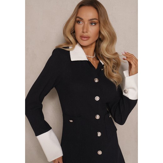 Granatowa Sukienka Ozdobiona Guzikami z Usztywnianymi Ramionami Sewimara Renee M promocyjna cena renee.pl