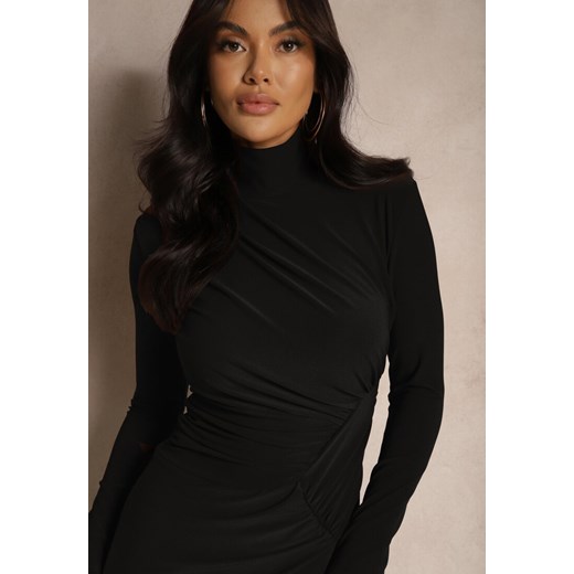 Czarna Koktajlowa Sukienka Półgolf Ozdobiona Marszczeniami Emivelleth Renee ONE SIZE okazja renee.pl