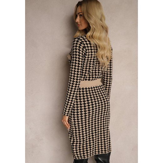 Beżowo-Czarna Sweterkowa Sukienka z Wiskozą w Pipetkę w Eleganckim Stylu Renee S renee.pl promocyjna cena