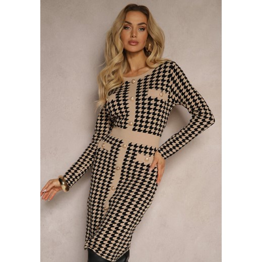 Beżowo-Czarna Sweterkowa Sukienka z Wiskozą w Pipetkę w Eleganckim Stylu Renee S renee.pl okazyjna cena