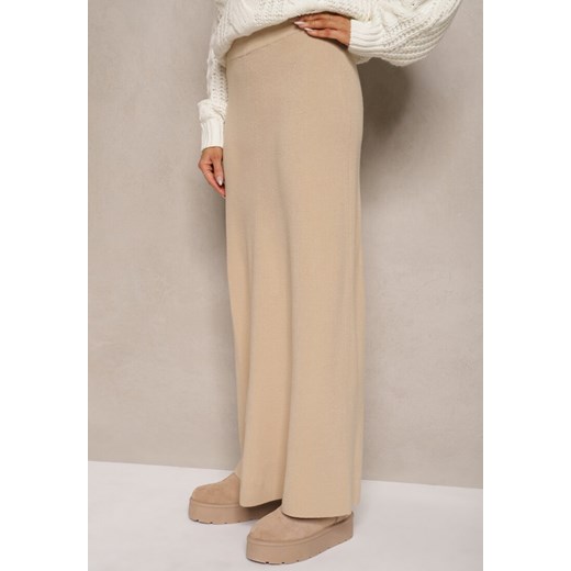 Beżowa Spódnica z Wełną High Waist o Rozkloszowanym Kroju Emirela Renee XL wyprzedaż renee.pl