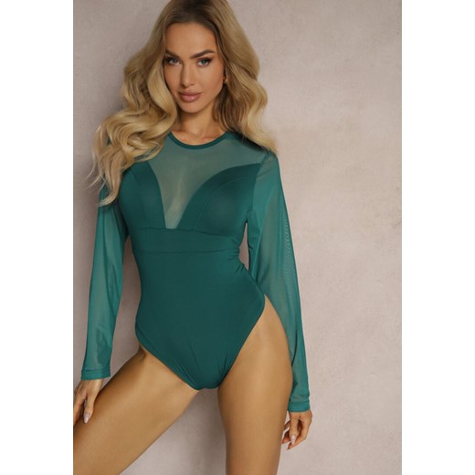 Zielone Wiskozowe Body z Transparentnymi Wstawkami i Zapięciem na Haftki Maivia ze sklepu renee.pl w kategorii Bluzki damskie - zdjęcie 179939690