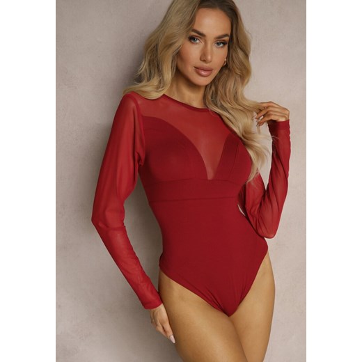 Bordowe Wiskozowe Body z Transparentnymi Wstawkami i Zapięciem na Haftki Maivia ze sklepu renee.pl w kategorii Bluzki damskie - zdjęcie 179939693