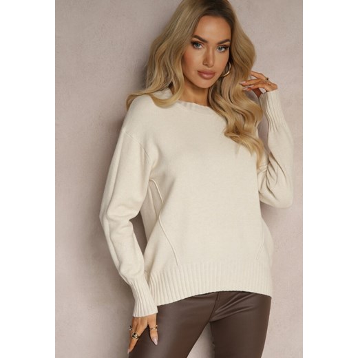 Jasnobeżowy Casualowy Sweter z Wiskozą i Modalem ze Ściągaczami Riviti ze sklepu renee.pl w kategorii Swetry damskie - zdjęcie 179939864