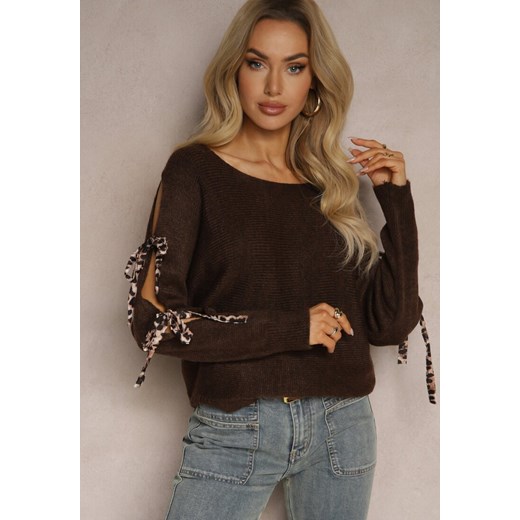 Brązowy Nietoperzowy Sweter z Moherem Ozdobiony Wiązaniami w Panterkowy Print Semitha ze sklepu renee.pl w kategorii Swetry damskie - zdjęcie 179940084