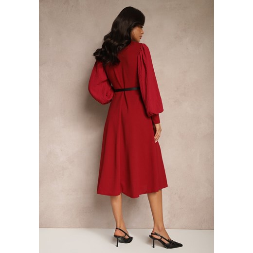 Bordowa Kopertowa Sukienka o Rozkloszowanym Kroju z Paskiem i Bufiastymi Renee ONE SIZE okazyjna cena renee.pl