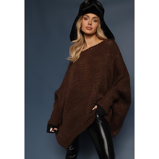 Brązowy Luźny Sweter Dzianinowy w Stylu Ponczo Nattava ze sklepu renee.pl w kategorii Swetry damskie - zdjęcie 179940793