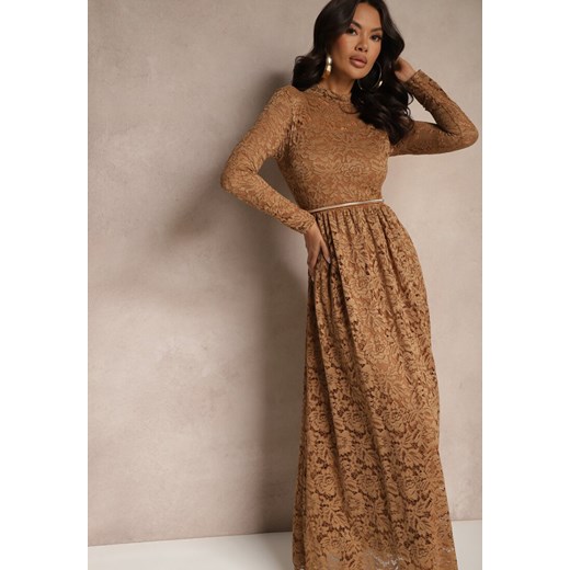 Beżowa Koronkowa Sukienka o Rozkloszowanym Kroju ze Stójką i Gumką w Pasie Renee S renee.pl wyprzedaż