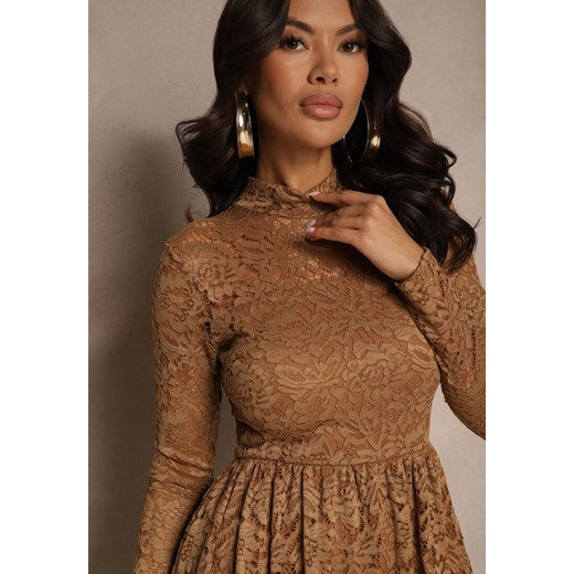 Beżowa Koronkowa Sukienka o Rozkloszowanym Kroju ze Stójką i Gumką w Pasie Renee S promocyjna cena renee.pl