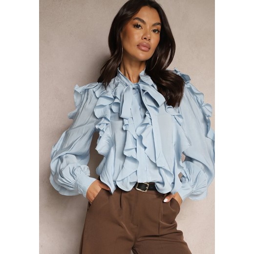 Niebieska Koszula Zdobiona Falbanami i Wiązaniem przy Szyi Ravissa ze sklepu renee.pl w kategorii Koszule damskie - zdjęcie 179941754