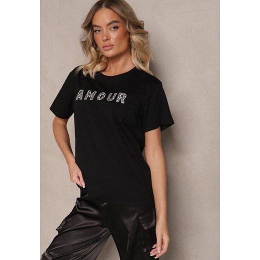 Czarny Bawełniany T-shirt z Napisem z Cekinami Marivinna ze sklepu renee.pl w kategorii Bluzki damskie - zdjęcie 179942604