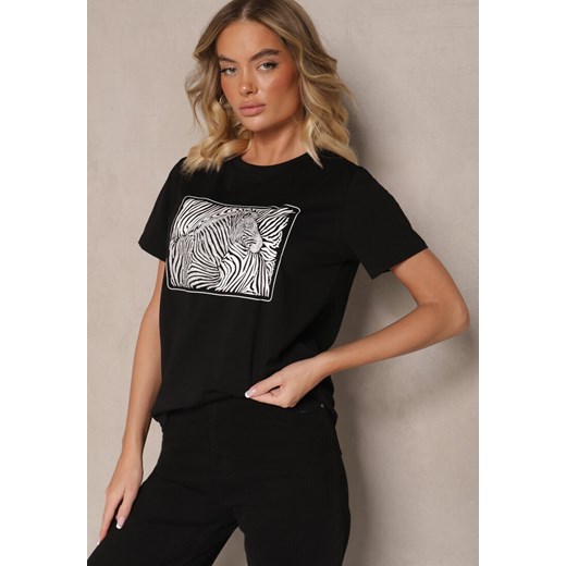 Czarny Bawełniany T-shirt Oversize z Nadrukiem Imitującym Zebrę Nalornis ze sklepu renee.pl w kategorii Bluzki damskie - zdjęcie 179942614