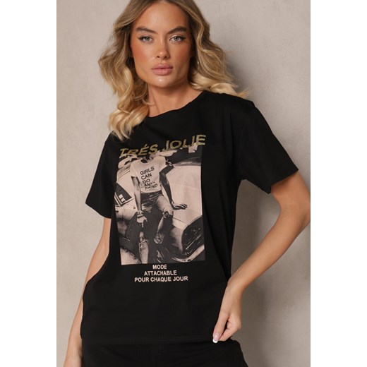 Czarny Bawełniany T-shirt z Brokatem i Nadrukiem Nalamis ze sklepu renee.pl w kategorii Bluzki damskie - zdjęcie 179942644