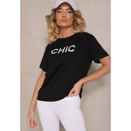 Czarny T-shirt z Bawełny Ozdobiony Perełkami i Napisem Naloreth ze sklepu renee.pl w kategorii Bluzki damskie - zdjęcie 179942664