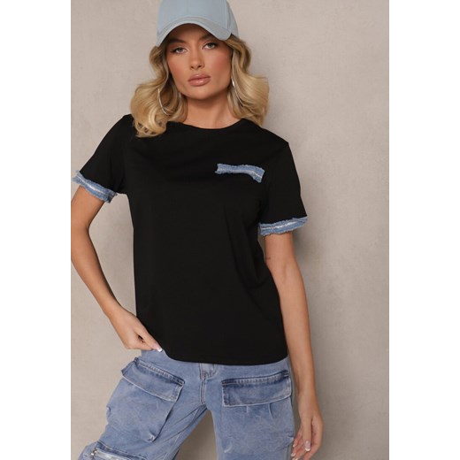 Czarna Bawełniana Bluzka T-shirt Oversize z Ozdobnym Wykończeniem Mirnil ze sklepu renee.pl w kategorii Bluzki damskie - zdjęcie 179942684