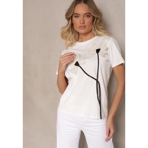 Biały Bawełniany T-shirt z Kwiatowym Motywem Nalathra ze sklepu renee.pl w kategorii Bluzki damskie - zdjęcie 179942704