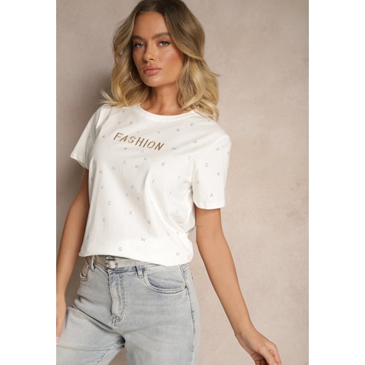Biały Bawełniany T-shirt Ozdobiony Napisem i Cyrkoniami Nalavenna ze sklepu renee.pl w kategorii Bluzki damskie - zdjęcie 179942764