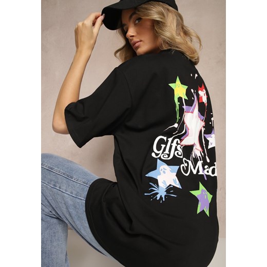 Czarny T-shirt z Bawełną i Ozdobnym Nadrukiem Sovreti ze sklepu renee.pl w kategorii Bluzki damskie - zdjęcie 179943933