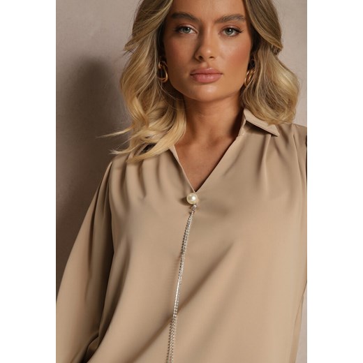 Beżowa Bluzka Koszulowa z Dodatkowym Łańcuszkiem z Cyrkonii Gonaviris Renee ONE SIZE promocja renee.pl