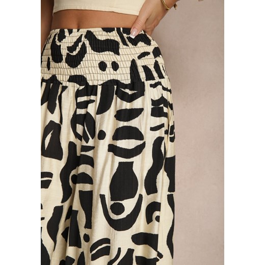 Czarne Szerokie Spodnie Culottes z Gumką Zdobione Geometrycznym Printem Sartebia Renee 2XL wyprzedaż renee.pl