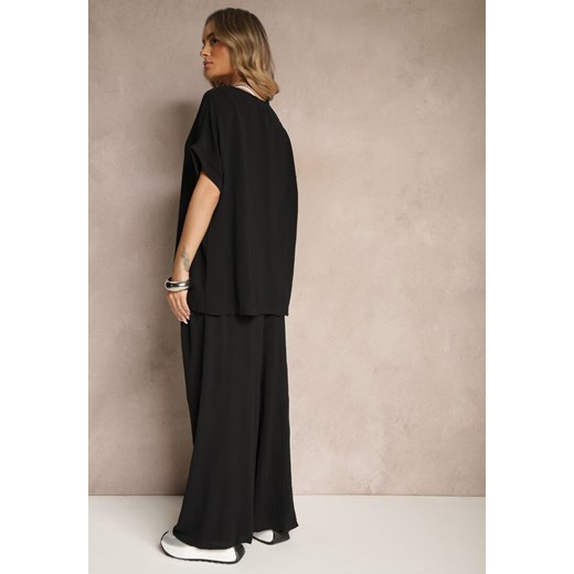 Czarny Bawełniany Komplet Spodnie o Szerokim Kroju i T-shirt Oversize Seltebis Renee ONE SIZE renee.pl wyprzedaż