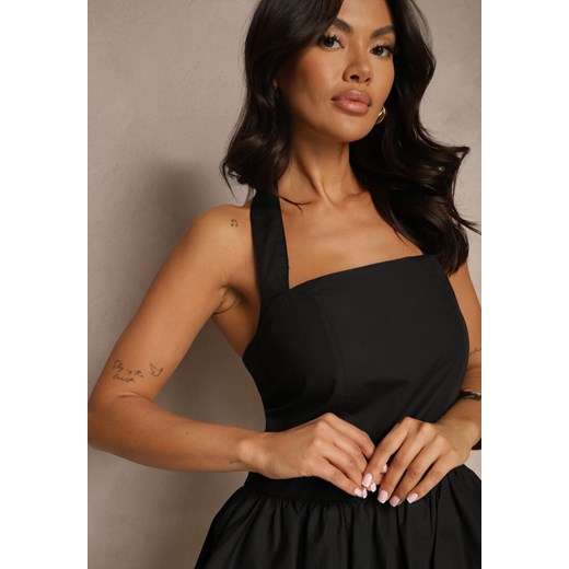 Czarna Bawełniana Sukienka Bombka z Ramiączkami Wokół Karku i Kwadratowym Renee S okazyjna cena renee.pl