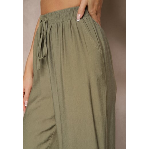 Zielone Spodnie o Szerokim Kroju High Waist z Wiązaniem Fenalin Renee L okazyjna cena renee.pl