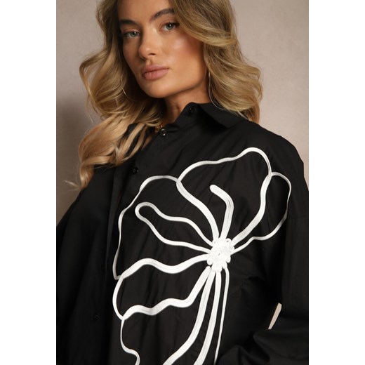 Czarna Koszula z Bawełny z Ozdobną Aplikacją z Kwiatami Frolreia Renee ONE SIZE promocyjna cena renee.pl