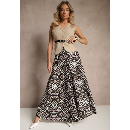Czarne Szerokie Spodnie z Wiskozy High Waist w Geometryczny Wzór Firdexia ze sklepu renee.pl w kategorii Spodnie damskie - zdjęcie 179946153