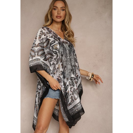 Czarne Ponczo Narzutka z Wiskozy i Jedwabiu w Stylu Boho Acera Renee ONE SIZE wyprzedaż renee.pl