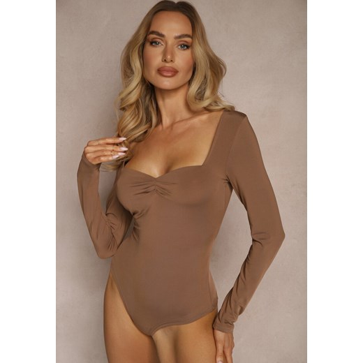 Brązowe Body Longsleeve z Wiskozą z Ozdobnym Marszczeniem Ninaviria Renee S okazja renee.pl