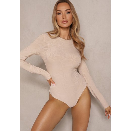 Jasnobeżowe Klasyczne Body Typu Longsleeve z Wiskozą Elezeria ze sklepu renee.pl w kategorii Bluzki damskie - zdjęcie 179946512